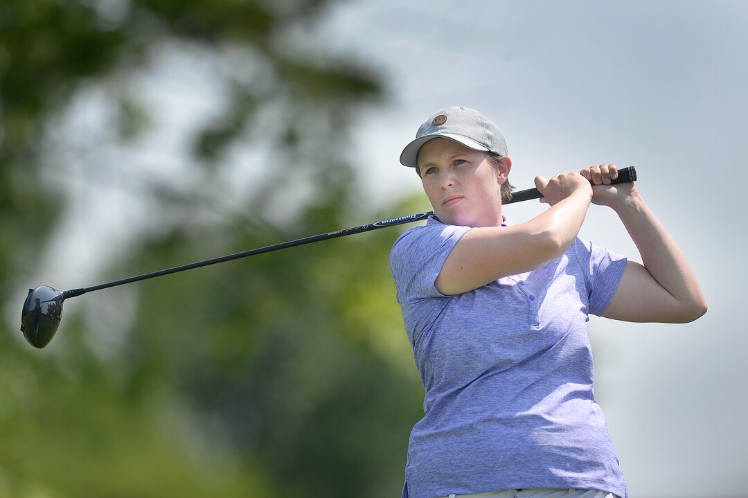 (Scott Sommerdorf   |  The Salt Lake Tribune)   Kelsey Chugg tees off on 18 during the 111th Utah Womens State Amateur Championship held at Davis Park Golf Course in Fruit Heights, Friday, August 4, 2017. Chugg won the championship for the fourth time.