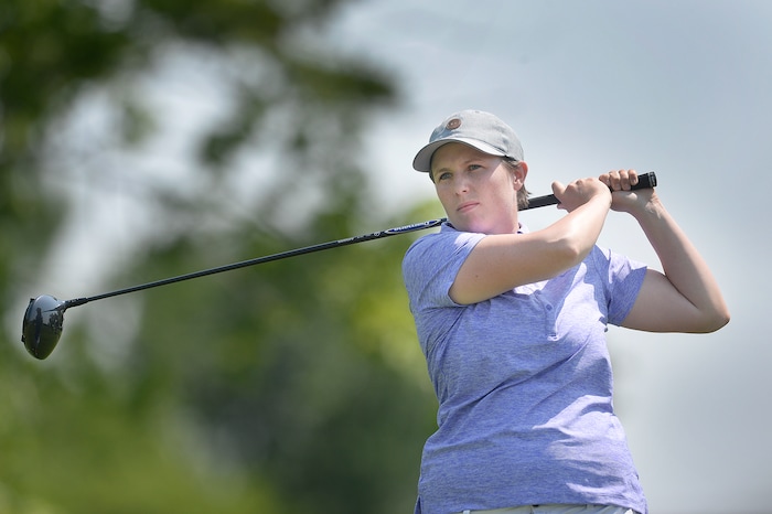 (Scott Sommerdorf   |  The Salt Lake Tribune)   Kelsey Chugg tees off on 18 during the 111th Utah Womens State Amateur Championship held at Davis Park Golf Course in Fruit Heights, Friday, August 4, 2017. Chugg won the championship for the fourth time.