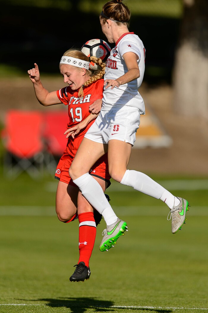 (Trent Nelson | The Salt Lake Tribune) Utah's Hailey Skolmoski (19) and Stanford's Tierna Davidson (10) as the University of Utah hosts Stanford, NCAA Women's Soccer in Salt Lake City Thursday October 5, 2017.