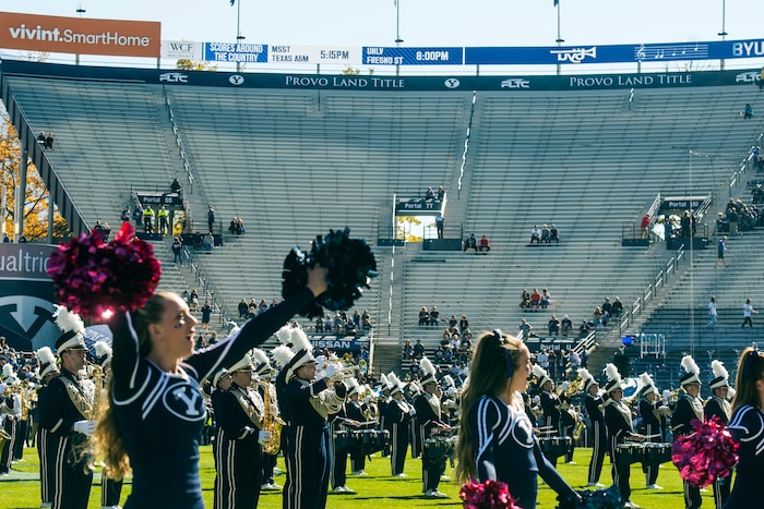 (Chris Detrick  |  The Salt Lake Tribune)  The BYU marching band and cheerleaders perform before the game against San Jose State at LaVell Edwards Stadium Saturday, October 28, 2017.  