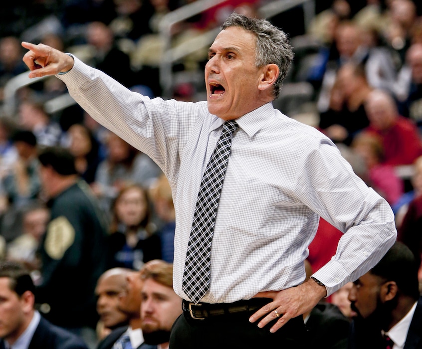 (Keith Srakocic | AP) Duquesne coach Keith Dambrot calls out directions to his team during the first half of an NCAA college basketball game against Pittsburgh, Friday, Dec. 1, 2017, in Pittsburgh. Pittsburgh won 76-64.