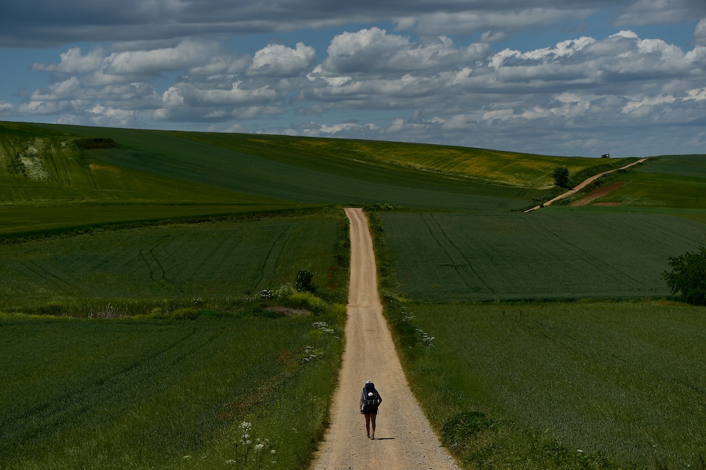 (Alvaro Barrientos | AP) A pilgrim walks during a stage of "Camino de Santiago" or St. James Way near to Santo Domingo de La Calzada, northern Spain, Tuesday, May 31, 2022. Over centuries, villages with magnificent artwork were built along the Camino de Santiago, a 500-mile pilgrimage route crossing Spain. Today, Camino travelers are saving those towns from disappearing, rescuing the economy and vitality of hamlets that were steadily losing jobs and population. “The Camino is life,” say villagers along the route.