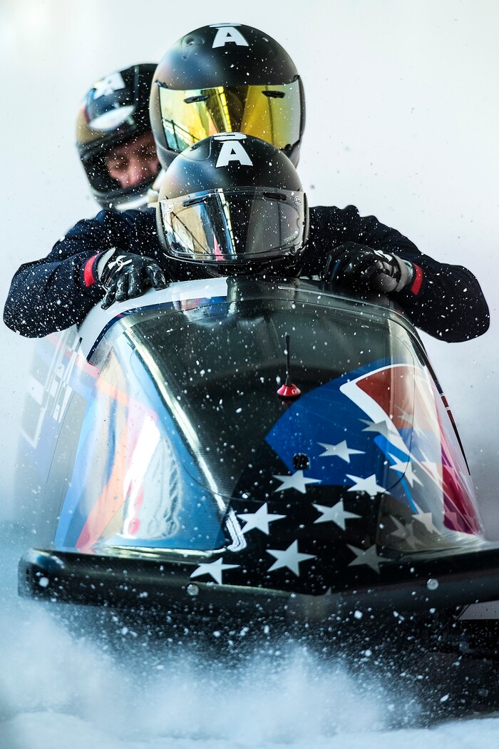 (Chris Detrick  |  The Salt Lake Tribune)  USA's Justin Olsen, Nathan Weber, Carlo Valdes and Chris Fogt cross the finish line during the 4-man Official Training at Olympic Sliding Centre during the Pyeongchang 2018 Winter Olympics Wednesday, Feb. 21, 2018. 