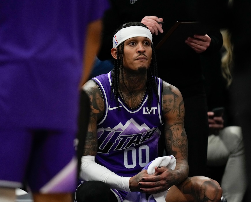 (Bethany Baker  |  The Salt Lake Tribune) Utah Jazz guard Jordan Clarkson (00) sits on the bench during a timeout against the LA Clippers at the Delta Center in Salt Lake City on Friday, Dec. 8, 2023.