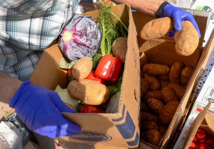 (Leah Hogsten  |  The Salt Lake Tribune)  Snowbird employees handed out over 10,000 pounds of perishable items from the ski resort's restaurants and stores to their workforce, March 21, 2020. The food included milk, eggs, bread, cheeses, every kind of herb, vegetable and fruit, including kumquats and lemon grass, and was given to Snowbird employees on a first-come, first-served basis.