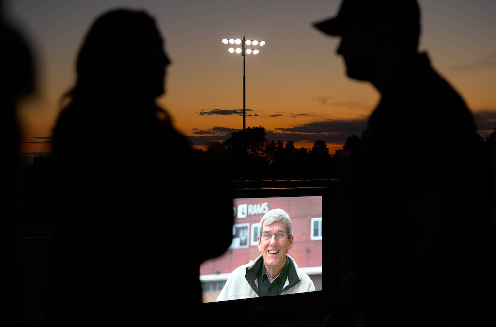 (Francisco Kjolseth | The Salt Lake Tribune) Longtime Highland High School teacher and counselor Dean Collett was honored at a memorial on the school's football field, where he never missed a game, on Friday, June 23, 2023.