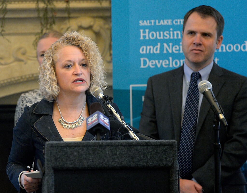 Al Hartmann  |  The Salt Lake TribuneMayor Jackie Biskupski, left, and Mike Akerlow, Deputy Director of Community and Neighborhoods speak at announcement of Salt Lake City’s first affordable housing plan in 16 years, “Growing SLC: A Five-Year Plan 2017 – 2021.” The plan is designed to fundamentally shift the way housing is done in Salt Lake City, strategically addressing short- and long-term housing solutions.
