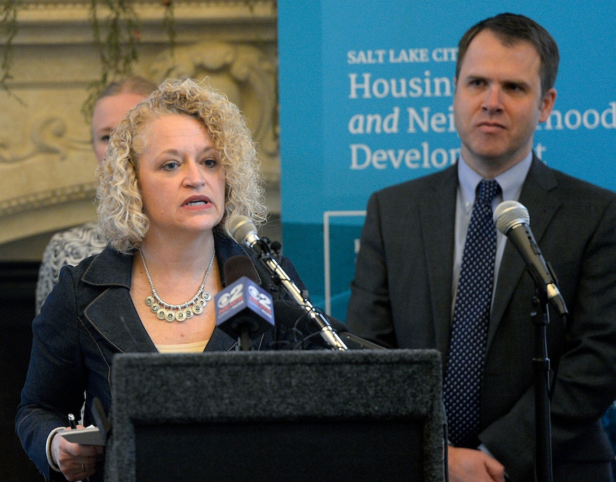 Al Hartmann  |  The Salt Lake TribuneMayor Jackie Biskupski, left, and Mike Akerlow, Deputy Director of Community and Neighborhoods speak at announcement of Salt Lake City’s first affordable housing plan in 16 years, “Growing SLC: A Five-Year Plan 2017 – 2021.” The plan is designed to fundamentally shift the way housing is done in Salt Lake City, strategically addressing short- and long-term housing solutions.