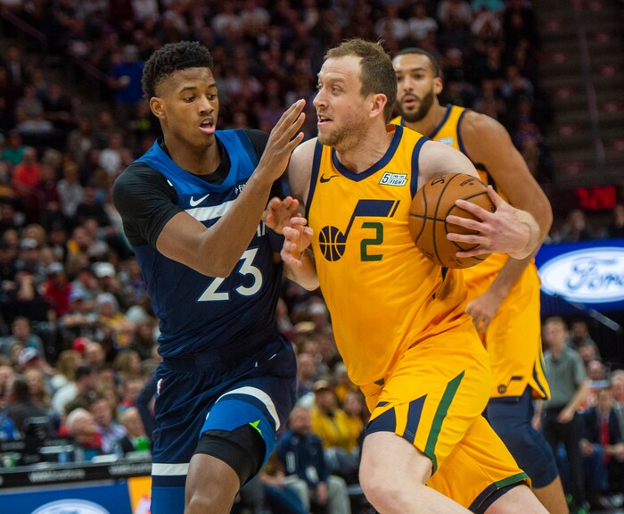 (Rick Egan  |  The Salt Lake Tribune)     Utah Jazz forward Joe Ingles (2) gets past Minnesota Timberwolves guard Jarrett Culver (23), in NBA action between the Utah Jazz and the Minnesota Timberwolves in Salt Lake City, Monday, Nov. 18, 2019.