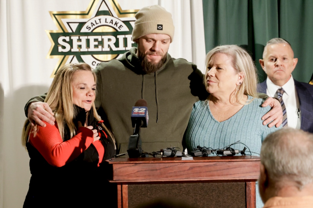 (Salt Lake County Sheriff's Office via The New York Times)  A photo provided by the Salt Lake County Sheriff's Office shows Jason Royter’s family members, from left: Niki Price, sister; Andrew Royter, son; and Stephani Perschon, sister; during a press conference in South Salt Lake, Utah, on Jan. 24, 2025. Mark Munoz, 53, a homeless man, was charged in the killing of Jason Royter, 33, a father of two from Magna, Utah.