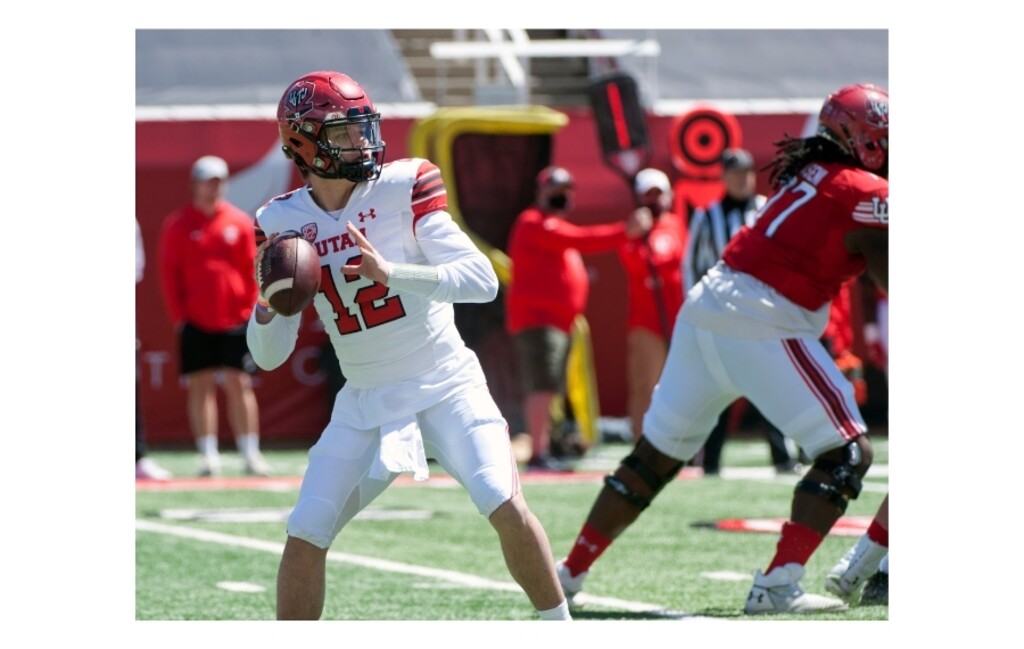 (Ed Kosmicki | Special to The Tribune) The red team QB Charlie Brewer #12 prepares to let a pass fly during the annual spring football game at the University of Utah, 17 April 2021.
