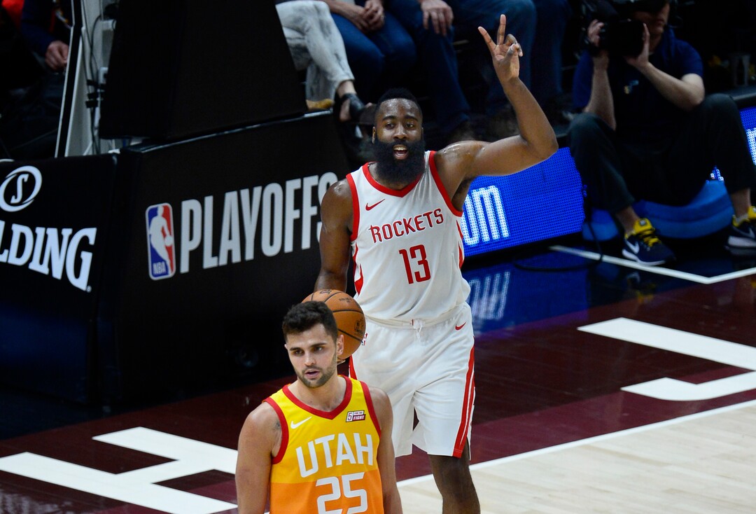 (Scott Sommerdorf | The Salt Lake Tribune)Houston Rockets guard James Harden (13) calls for a two shot foul from the referees during second half play. The Houston Rockets beat the Utah Jazz 113-92 in game 3 of their playoff series, Friday, May 4, 2018.