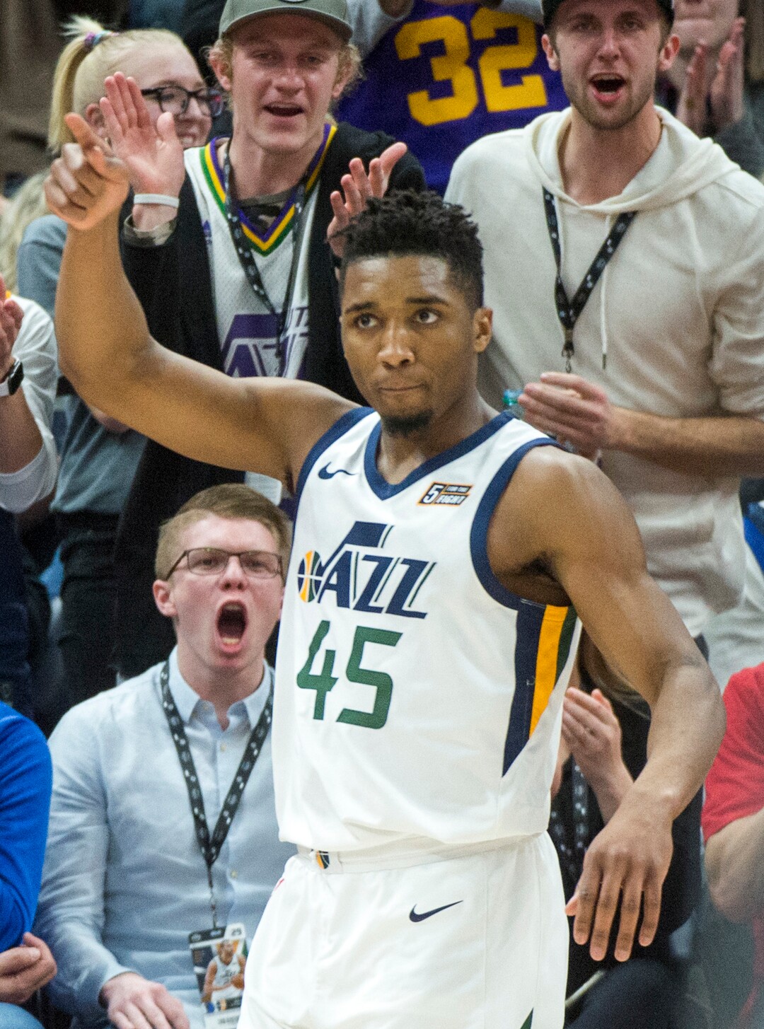 (Rick Egan  |  The Salt Lake Tribune)    Utah Jazz guard Donovan Mitchell (45) reacts after putting the Jazz up by 3, at the end of the third quarter, in NBA action between Utah Jazz and Dallas Mavericks in Salt Lake City, Saturday, Feb. 24, 2018.