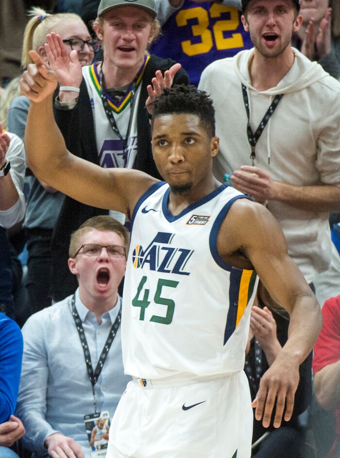 (Rick Egan  |  The Salt Lake Tribune)    Utah Jazz guard Donovan Mitchell (45) reacts after putting the Jazz up by 3, at the end of the third quarter, in NBA action between Utah Jazz and Dallas Mavericks in Salt Lake City, Saturday, Feb. 24, 2018.