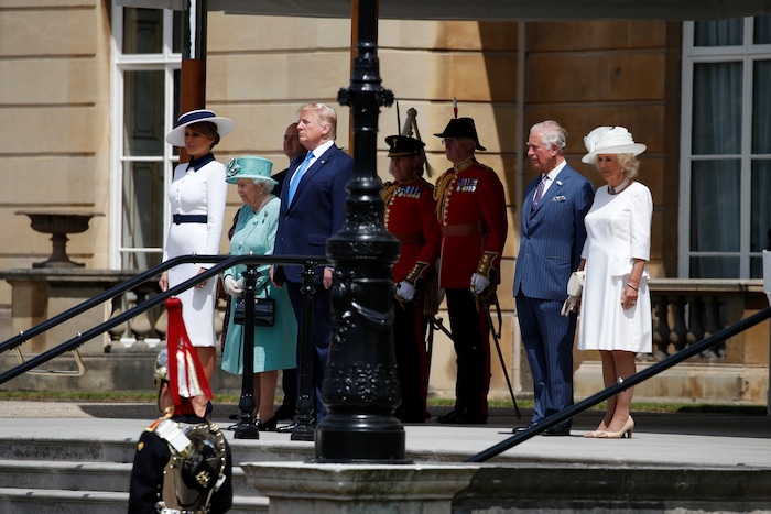 President Donald Trump stands with Queen Elizabeth II, with first lady Melania Trump, left, and Prince Charles and Camilla, the Duchess of Cornwall, right, at Buckingham Palace, Monday, June 3, 2019, in London. (AP Photo/Alex Brandon)
