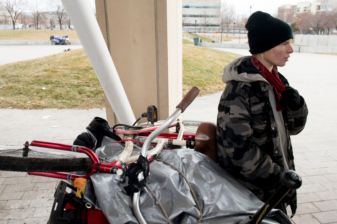(Jeremy Harmon  |  The Salt Lake Tribune) Jarod Hartlerode stands with his shopping cart outside the downtown library on Thursday, January 9, 2020. He was camping with activists from the Take Shelter Coalition when police broke up the demonstration. He characterized the police response as overly aggressive.
