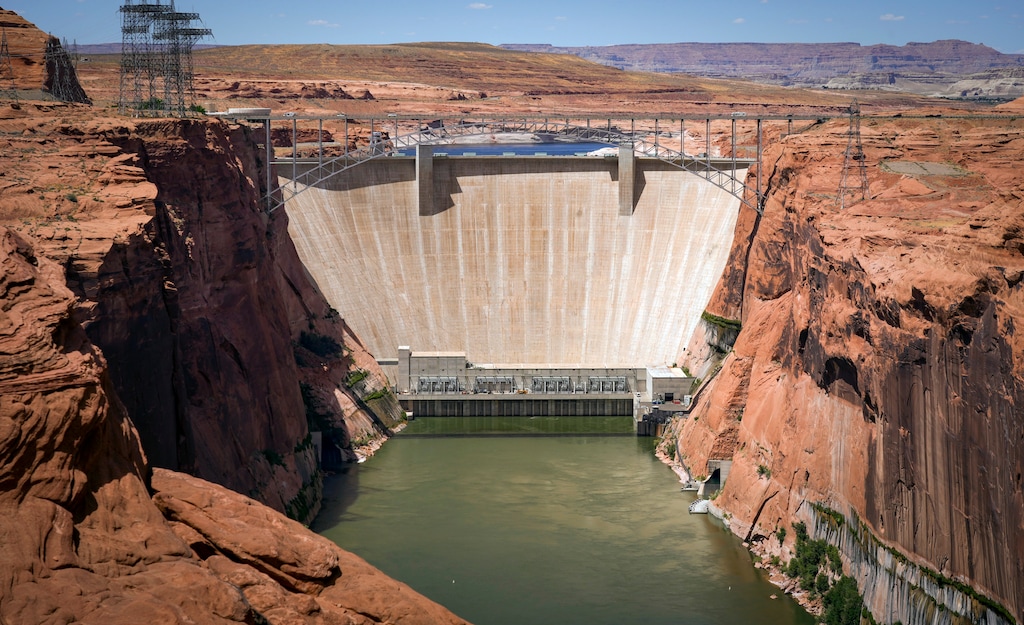 (Bethany Baker | The Salt Lake Tribune) The Glen Canyon Dam, which forms Lake Powell on the Colorado River in northern Arizona, in July 2023.