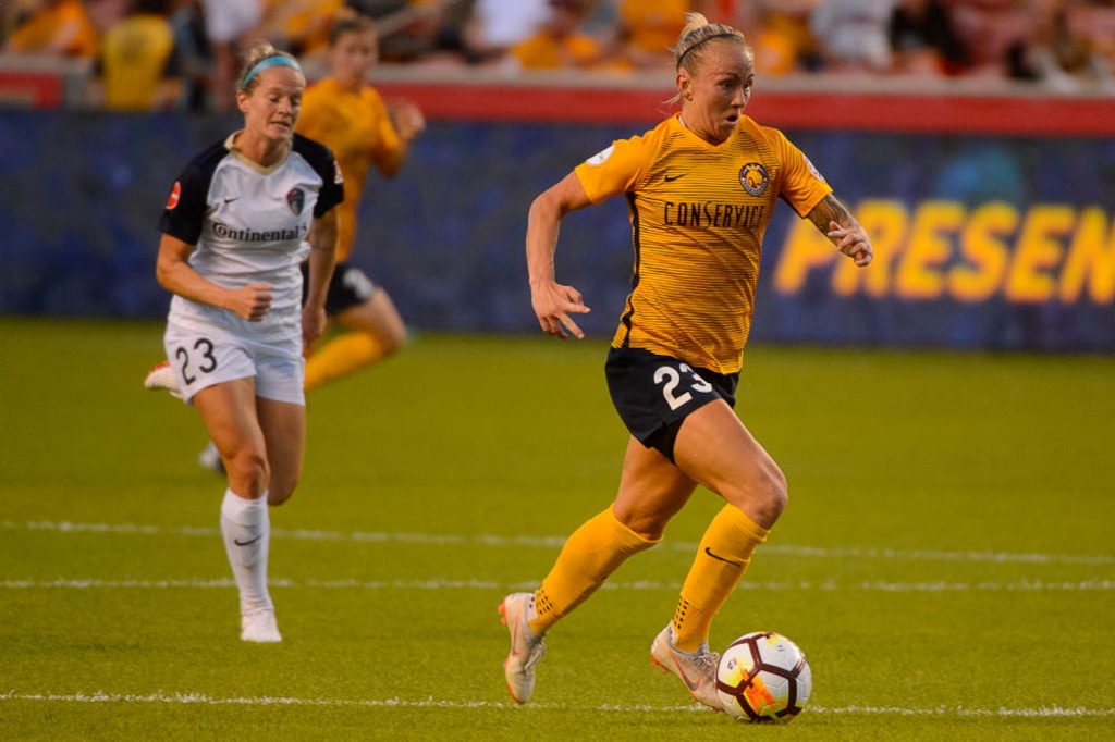 (Trent Nelson | The Salt Lake Tribune)  Utah Royals FC host North Carolina Courage, NWSL soccer at Rio Tinto Stadium in Sandy, Friday July 20, 2018. Utah Royals FC midfielder Gunnhildur Jónsdóttir (23).