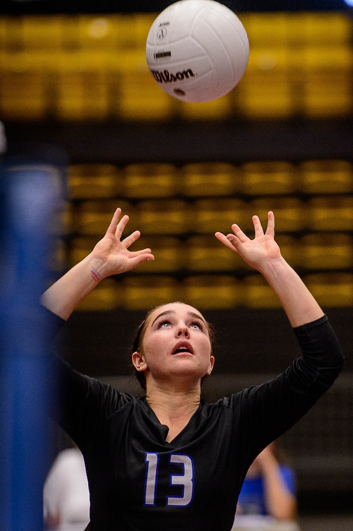 (Trent Nelson | The Salt Lake Tribune) Rich's Kierra Groll sets the ball as Panguitch defeats Rich in the 1A State Volleyball Championship game in Orem, Saturday October 28, 2017.