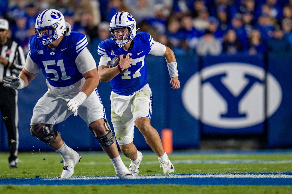 (Trent Nelson  |  The Salt Lake Tribune) BYU Cougars quarterback Bear Bachmeier (47) as BYU hosts TCU, NCAA football in Provo on Saturday, Nov. 15, 2025.