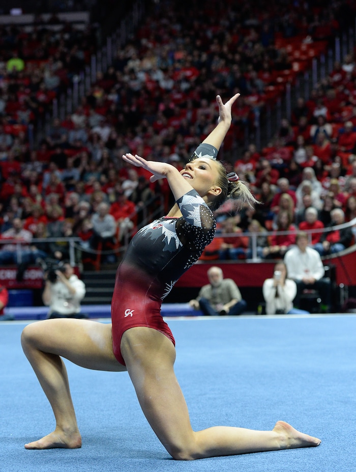 (Francisco Kjolseth  |  The Salt Lake Tribune)  MyKayla Skinner performs her floor routine as Utah hosts Penn State in their season opener at the Huntsman Center in Salt Lake City on Saturday, Jan. 5, 2019.