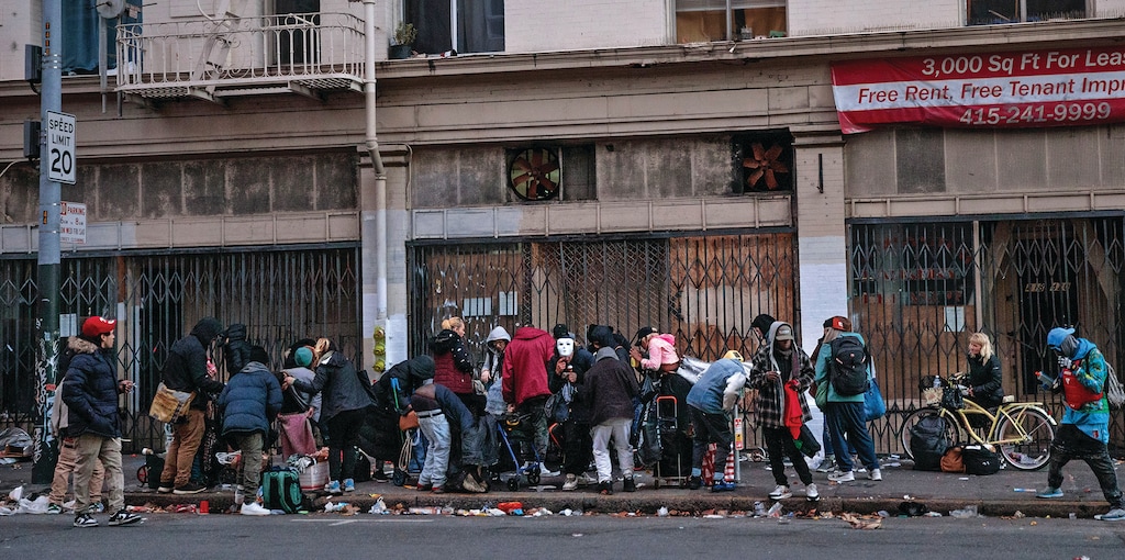 An open-air drug market in the Tenderloin district of San Francisco on Dec. 1, 2023. (Damon Winter/The New York Times)