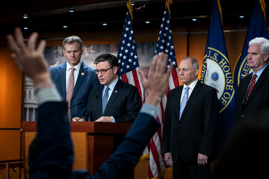 (Haiyun Jiang | The New York Times) House Speaker Mike Johnson, R-La., takes questions at a weekly news conference with House Republican leadership on Capitol Hill in Washington, on Tuesday, Dec. 17, 2024. From left: Reps. Blake Moore, R-Utah, Johnson, Steve Scalise, R-La., and Tom Emmer, R-Minn.