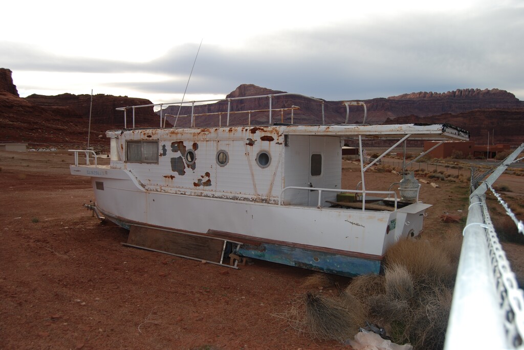(Brian Maffly  |  The Salt Lake Tribune)  An old boat at the Hite Marina on Lake Powell in Utah. Nov. 28, 2018.