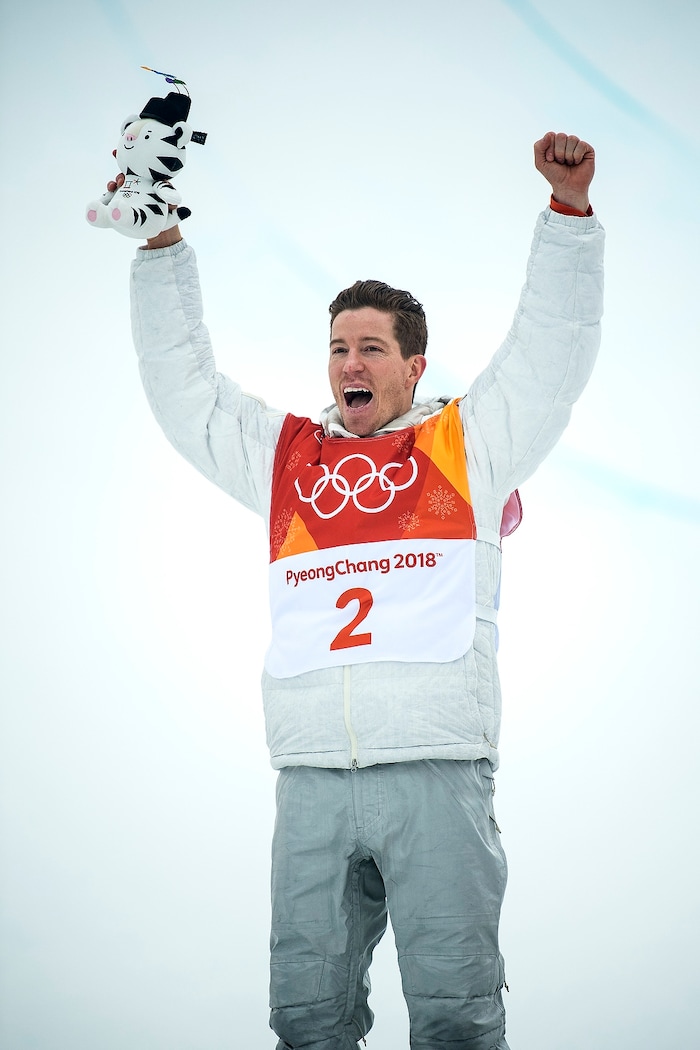 (Chris Detrick  |  The Salt Lake Tribune)  Shaun White celebrates winning gold after his run during the men's halfpipe finals at Phoenix Snow Park during the Pyeongchang 2018 Winter Olympics Wednesday, Feb. 14, 2018.  White won the event with a 97.75, his third Olympic gold medal in the halfpipe (2006, 2010, 2018).