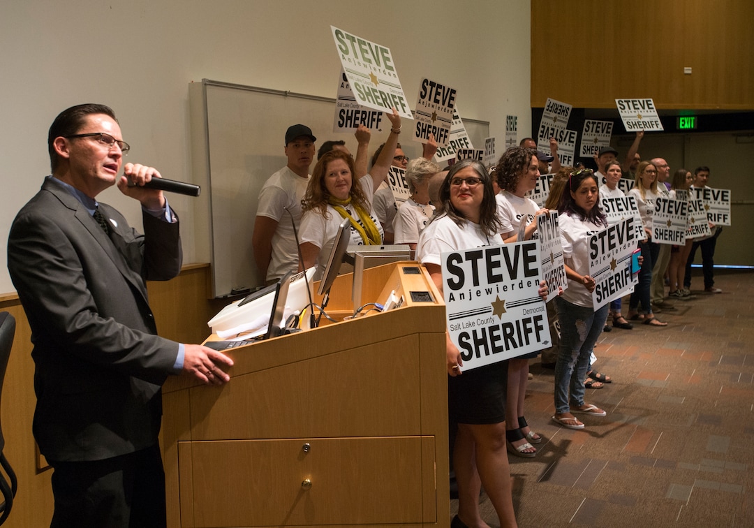 (Rick Egan  |  The Salt Lake Tribune)  
Finalist Steve Anjewierden gives a second speech before the final vote Saturday, Aug. 12, 2017, for the Salt Lake County sheriff.