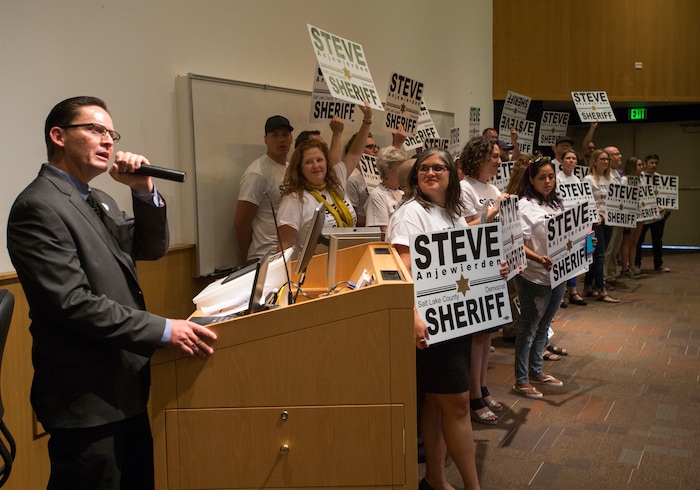 (Rick Egan  |  The Salt Lake Tribune)  
Finalist Steve Anjewierden gives a second speech before the final vote Saturday, Aug. 12, 2017, for the Salt Lake County sheriff.