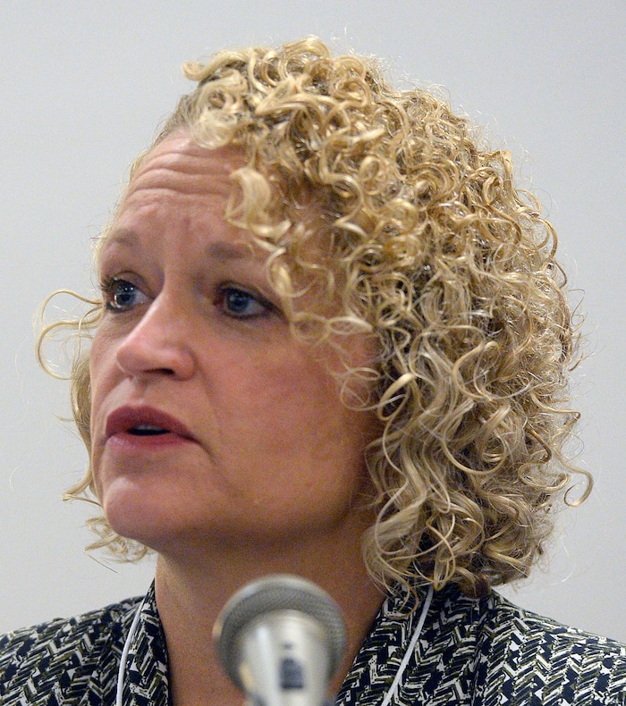 (Al Hartmann  |  The Salt Lake Tribune) 	
Salt Lake City Mayor Jackie Biskupski speaks in a panel discusion to Utah homeless service providers at Utah's 14th Annual Homelessness Summit in Salt Lake City Wednesday Oct. 11.
