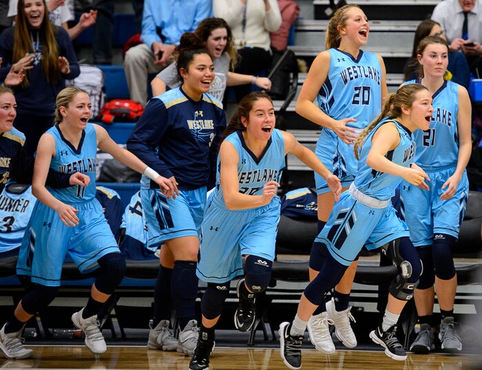 (Trent Nelson | The Salt Lake Tribune)  Westlake players celebrate the win as Hillcrest faces Westlake in the 6A High School Girls' Basketball Tournament at SLCC in Taylorsville, Thursday Feb. 22, 2018.