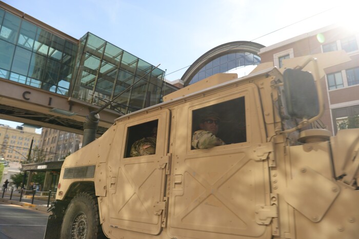 (Leah Hogsten  |  The Salt Lake Tribune)  Utah National Guard soldiers patrol City Creek on Monday, June 1, 2020.
