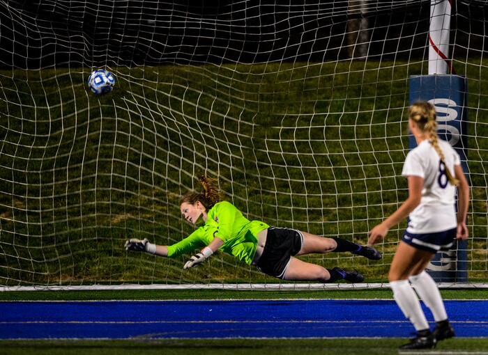 (Steve Griffin | The Salt Lake Tribune) Timpview goalkeeper Marren Nielsen can't reach a penalty kick by Timpanogos midfielder Megan Unbedacht during a shootout in the 5A semifinal girl's soccer match against at Juan Diego High School in Draper Tuesday October 17, 2017. Timpanogos won advancing to the finals.