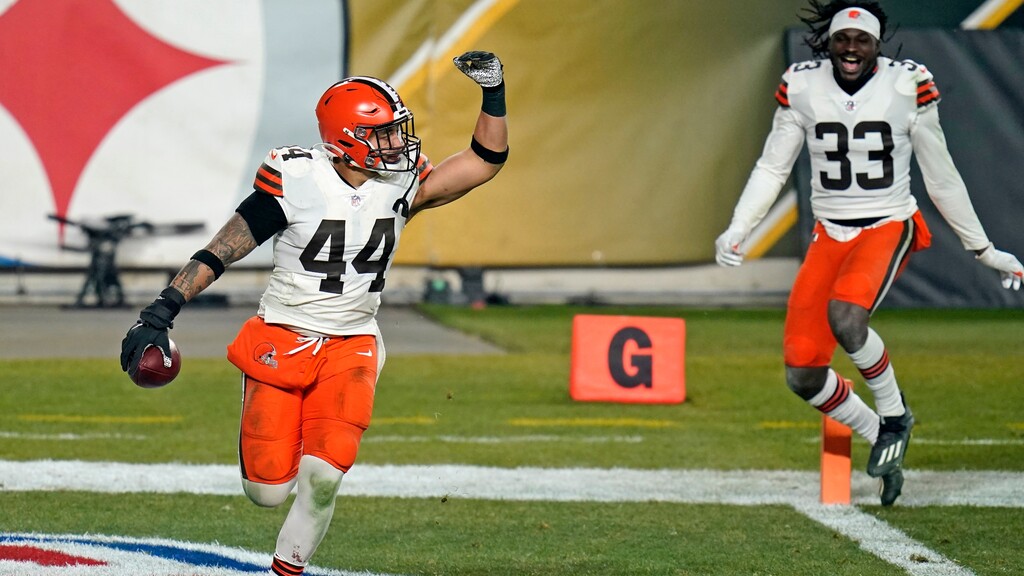 Cleveland Browns outside linebacker Sione Takitaki (44), from BYU, celebrates after intercepting a pass by Pittsburgh Steelers quarterback Ben Roethlisberger (7) during the second half of an NFL wild-card playoff football game, Sunday, Jan. 10, 2021, in Pittsburgh. (AP Photo/Keith Srakocic)