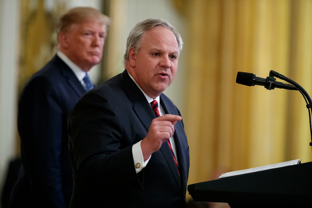 (Evan Vucci | AP file photo) President Donald Trump listened as Secretary of the Interior David Bernhardt spokes during an event on the environment in the East Room of the White House in Washington on July 8, 2019. Bernhardt is expected to announce Tuesday that the headquarters of the Bureau of Land Management will move from Washington D.C. to Colorado.