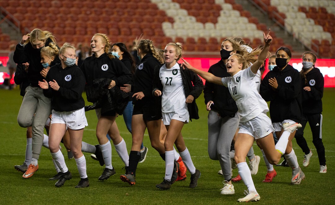 (Francisco Kjolseth  |  The Salt Lake Tribune) Olympus celebrates their win over Bonneville in overtime following their 5A high school girls championship game at Rio Tinto Stadium in Sandy on Friday, Oct. 23, 2020. Bonneville won 1-0 in overtime.