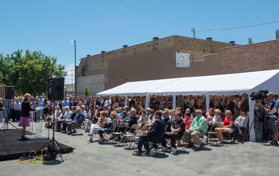 (Rick Egan  |  The Salt Lake Tribune)      Kathy Bray, President and CEO of Volunteers of America, makes a comment at the ribbon cutting ceremony for the Geraldine E. King Women's Resource Center, one of three new shelters that will replace the Road Home. Friday, June 21, 2019.