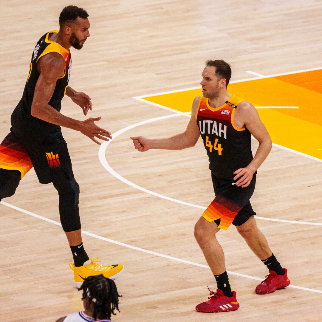 (Trent Nelson  |  The Salt Lake Tribune) Utah Jazz center Rudy Gobert (27) and Utah Jazz forward Bojan Bogdanovic (44) after Bogdanovic scored as the Utah Jazz host the Los Angeles Clippers in a Game 5 matchup, NBA basketball in Salt Lake City on Wednesday, June 16, 2021.