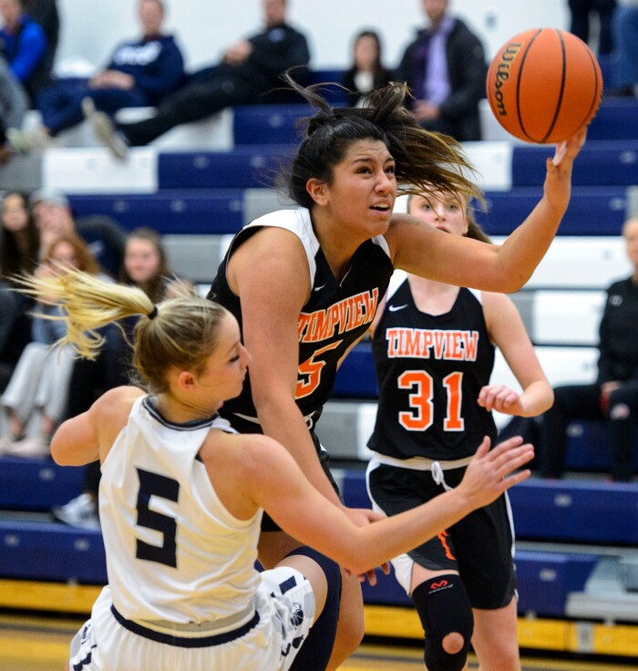 (Steve Griffin  |  The Salt Lake Tribune) Timpview's Shalyn Fano gets called for a charge on Corner Canyon's Nicole Critchfield during game at Corner Canyon High School in Draper Tuesday January 16, 2018.
