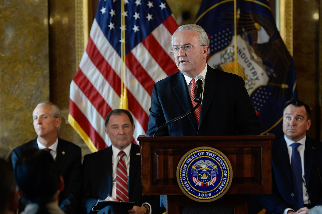 (Francisco Kjolseth  |  The Salt Lake Tribune)  Jack Gerard of The Church of Jesus Christ of Latter-day Saints speaks speaks for the church during an announcement by supporters and opponents of UtahÕs medical marijuana initiative, Thursday, Oct. 4, 2018, at the Utah Capitol during an announcement for a Òshared visionÓ for cannabis policy.
