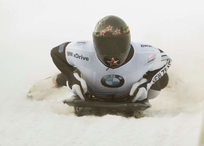 (Rick Egan  |  The Salt Lake Tribune)   Rhys Thoenbury, Russia, finishes in 8th place in the BMW IBSF World Cup Men's Skeleton competition, Saturday, November 18, 2017.