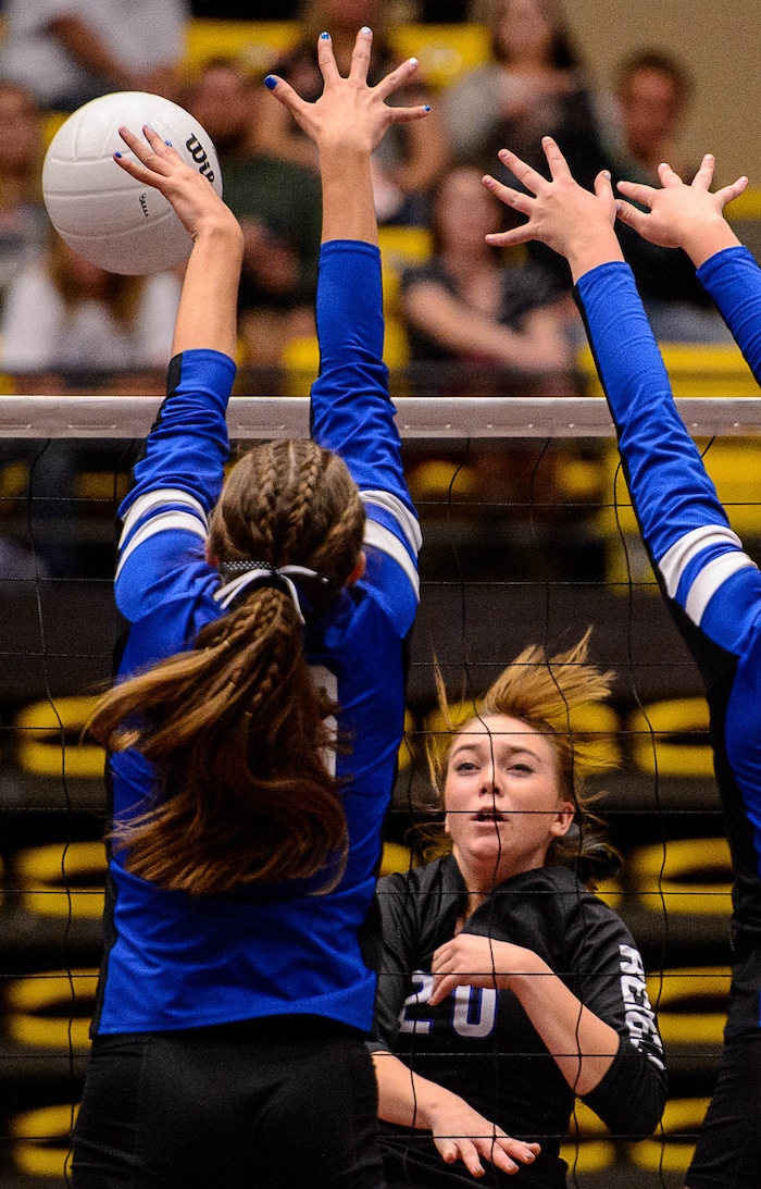 (Trent Nelson | The Salt Lake Tribune) Rich's Savannah Peart hits the ball as Panguitch defeats Rich in the 1A State Volleyball Championship game in Orem, Saturday October 28, 2017.