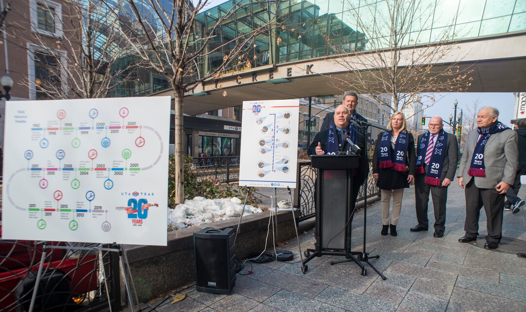 (Rick Egan  |  The Salt Lake Tribune)      Murray Mayor Blair Camp speaks as officials celebrate the 20th anniversary of TRAX trains during a news conference at the City Creek Trax stop on Main Street in Salt Lake City, Wednesday, Dec. 4, 2019.