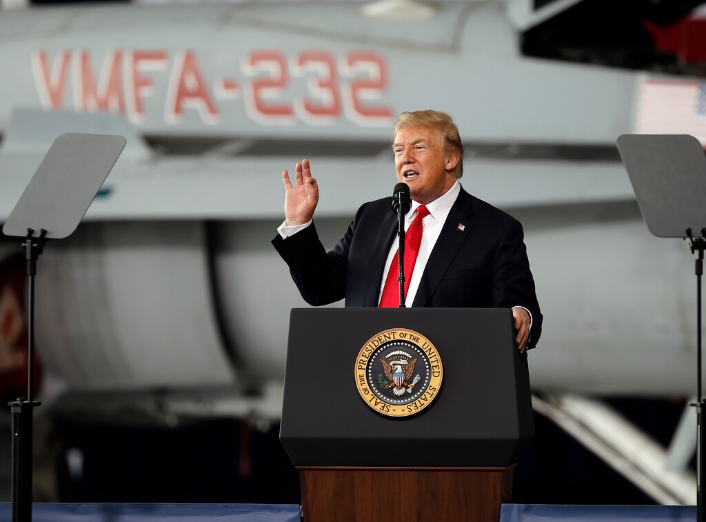 (Alex Gallardo | The Associated Press) President Donald Trump speaks at Marine Corps Air Station Miramar, in San Diego, Tuesday, March 13, 2018.