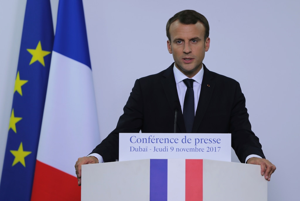 French President Emmanuel Macron talks to the journalists during a press conference in Dubai, United Arab Emirates, Thursday, Nov. 9, 2017. (AP Photo/Kamran Jebreili)
