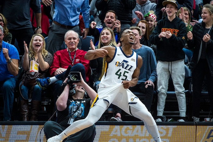 (Chris Detrick  |  The Salt Lake Tribune)  Utah Jazz guard Donovan Mitchell (45) celebrates after being fouled and still making the basket during the game at Vivint Smart Home Arena Friday, December 1, 2017.  Utah Jazz defeated New Orleans Pelicans 114-108.
