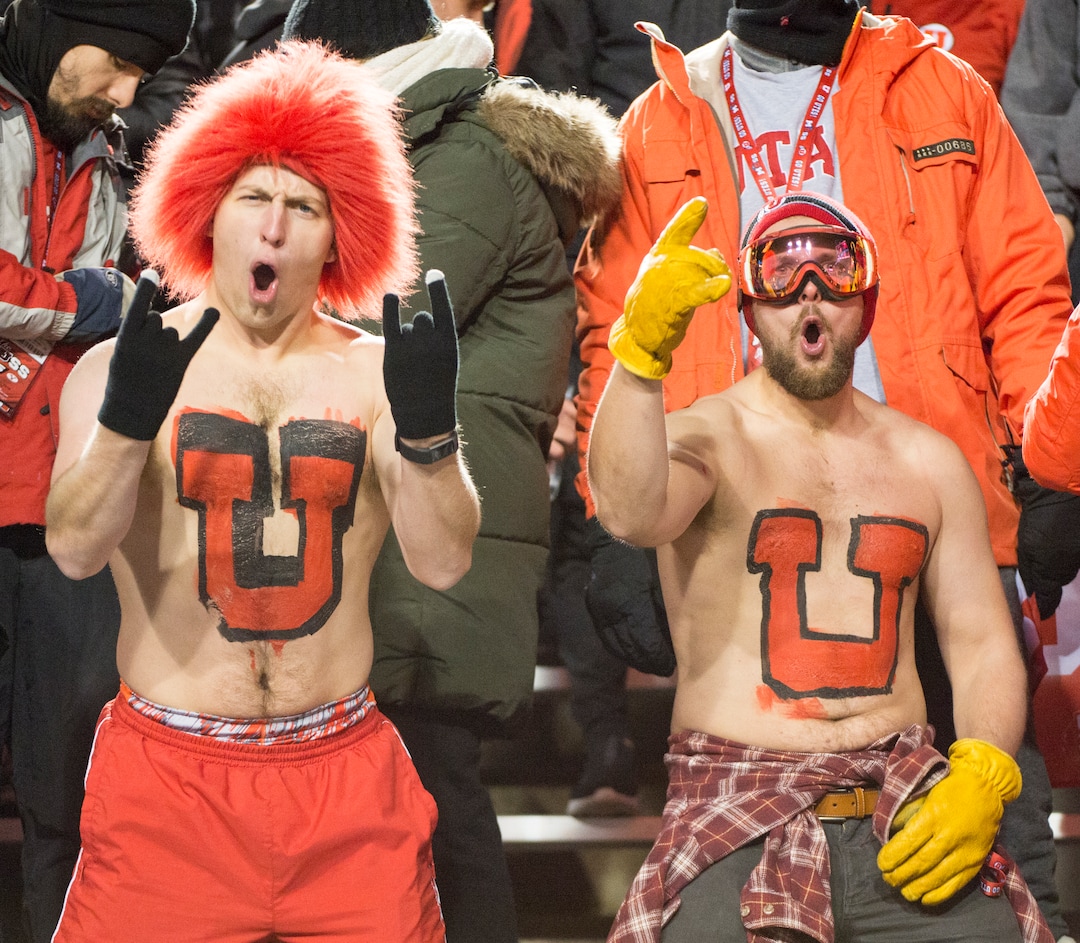 (Rick Egan  |  The Salt Lake Tribune)        Jake Healey and Erik Urses cheer for the Utes, in football action between the Brigham Young Cougars and the Utah Utes, at Rice-Eccles Stadium, Saturday, November 24, 2018.