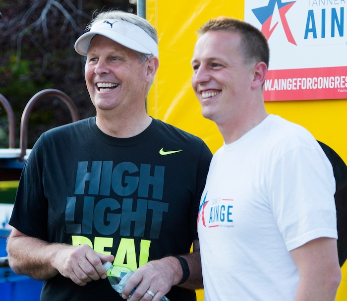(Rick Egan  |  The Salt Lake Tribune)  Danny Ainge with his son Tanner Ainge, who is running for congress, in Utah’s third district, at a fundraiser in Provo, Monday, August 7, 2017.